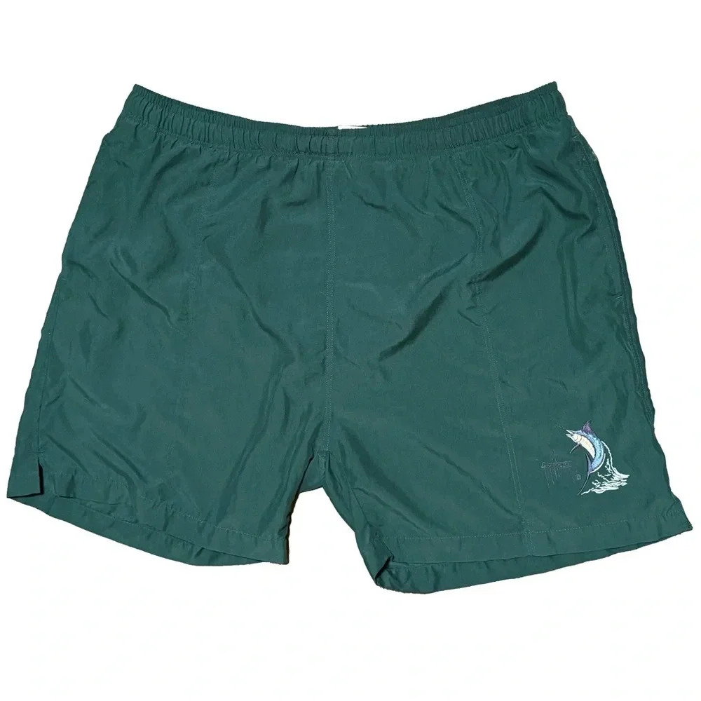 GUY HARVEY Bluewater Dark Green Embroidered Marlin Fish Logo Swim Trunks Size XL